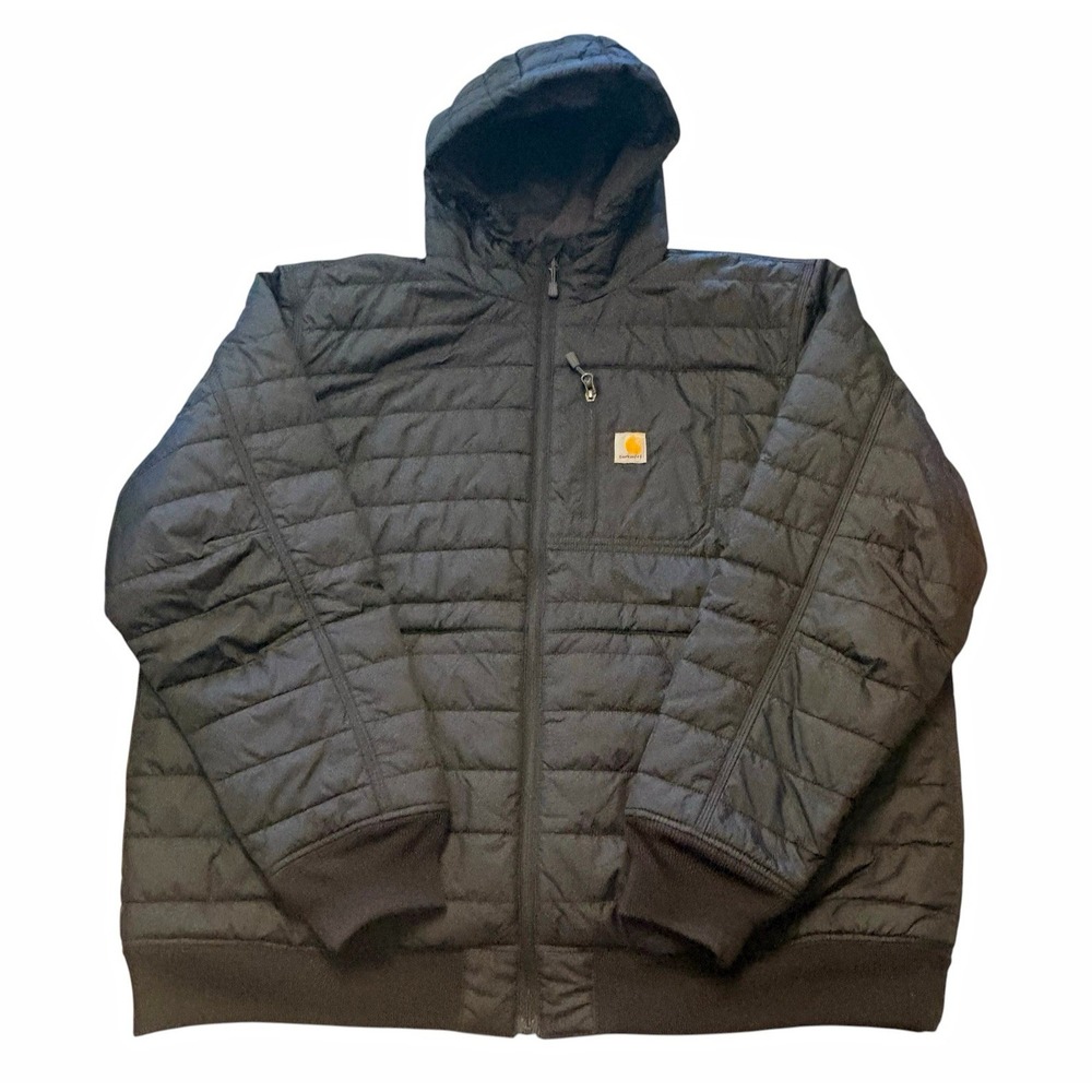 Carhartt Mens Black Hooded Quilted Full Zip Jacket Puffer 2XL Tall Relaxed